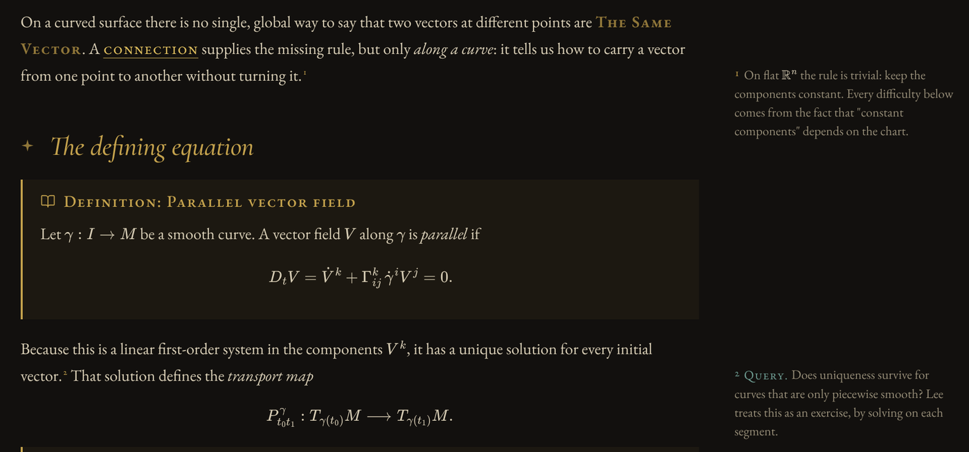 A paragraph with a sidenote in the margin, a definition callout, and a second sidenote marked Query.