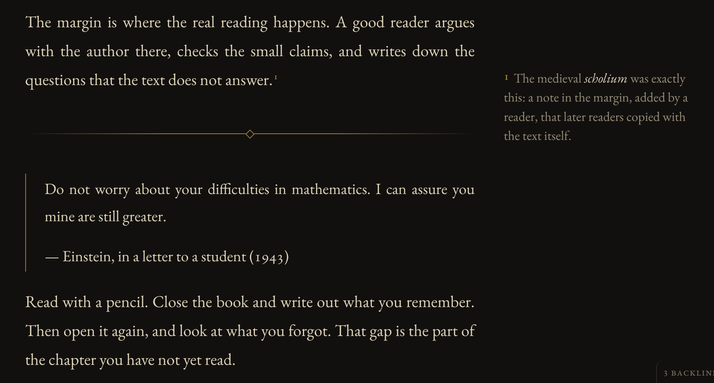 A justified essay with a sidenote about the word scholium, an ornamental rule, and a quotation.
