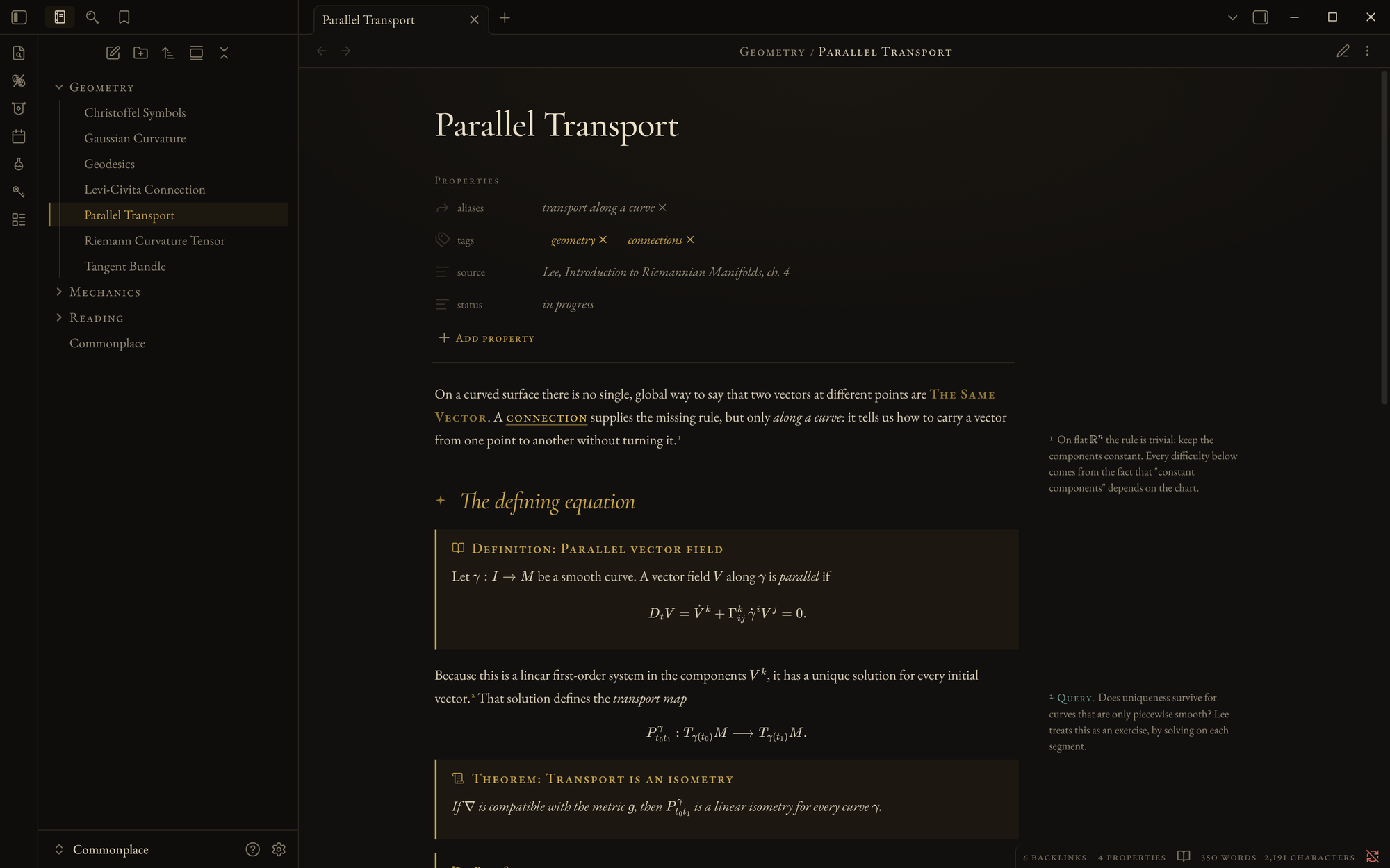 Istari in Obsidian's Reading view: a note titled Parallel Transport, with properties, a definition callout, display math, and two sidenotes in the right margin.